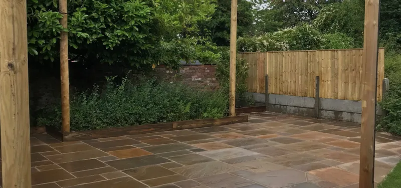 Indian sandstone patio laid by Low Road Nursery Chesterfield